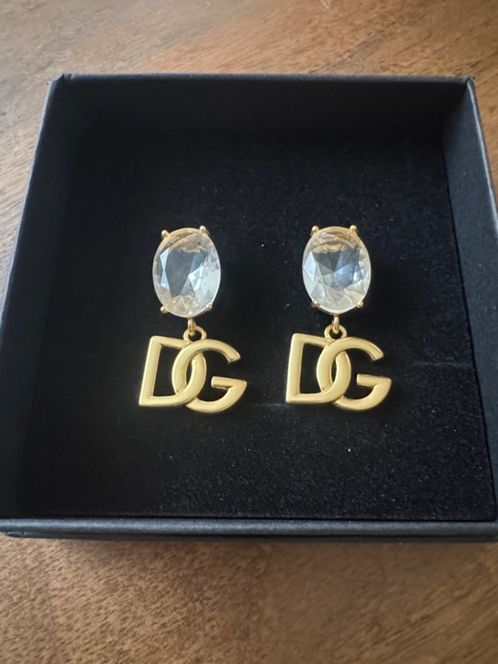 D&G Gold Logo Drop Earrings with Clear Oval Crystals